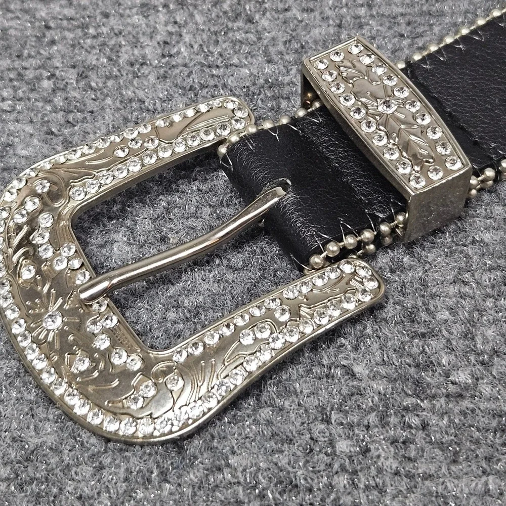 Western Rhinestone Buckle Belt Black Silver 2XL Y2K Bling Rodeo Statement Cowboy